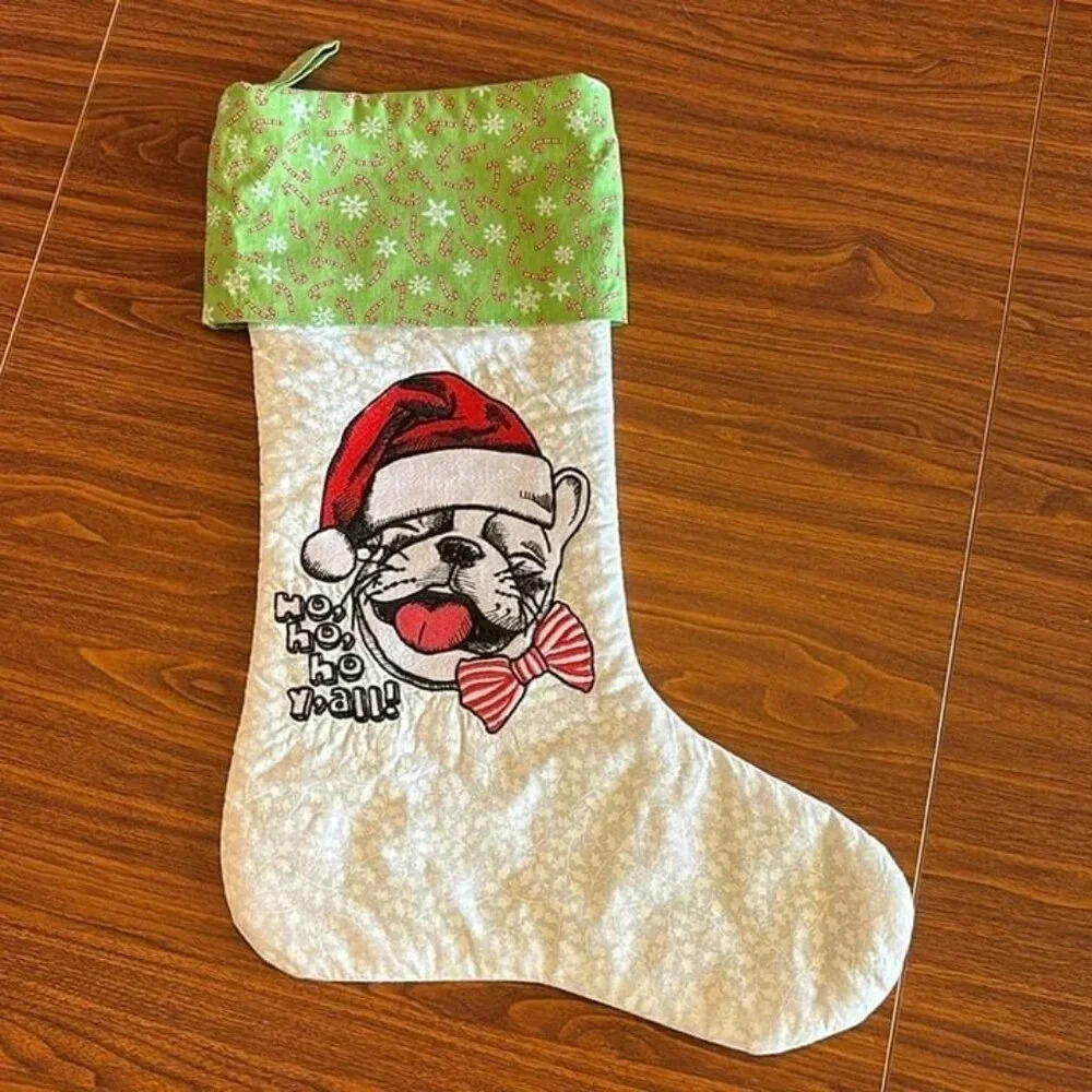 Christmas Stocking French Bulldog‎ Ho Ho Ho Y'all Handmade Fully Lined New